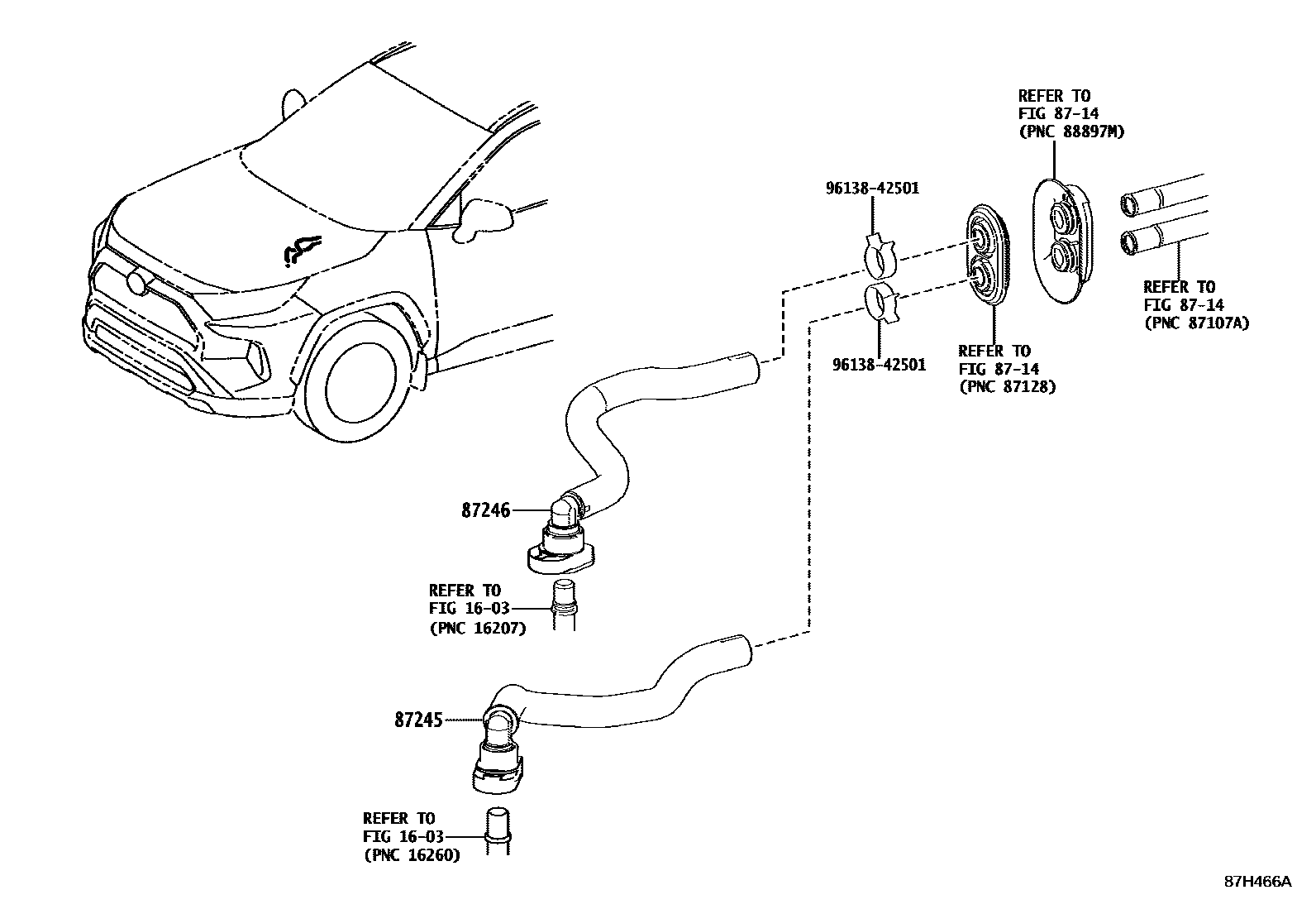 Toyota RAV4 暖风和空调系统 - 水管 EPC diagram — 87H466A