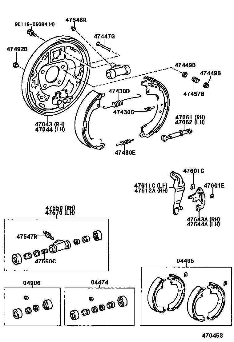 Toyota RAV4 后鼓式制动器分泵和底板 EPC diagram — 470453