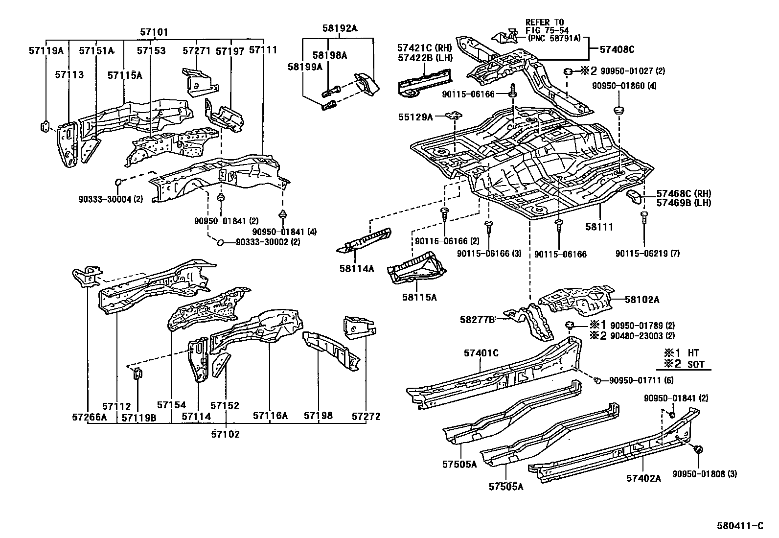 Toyota RAV4 前地板和前地板梁 EPC diagram — 580411C