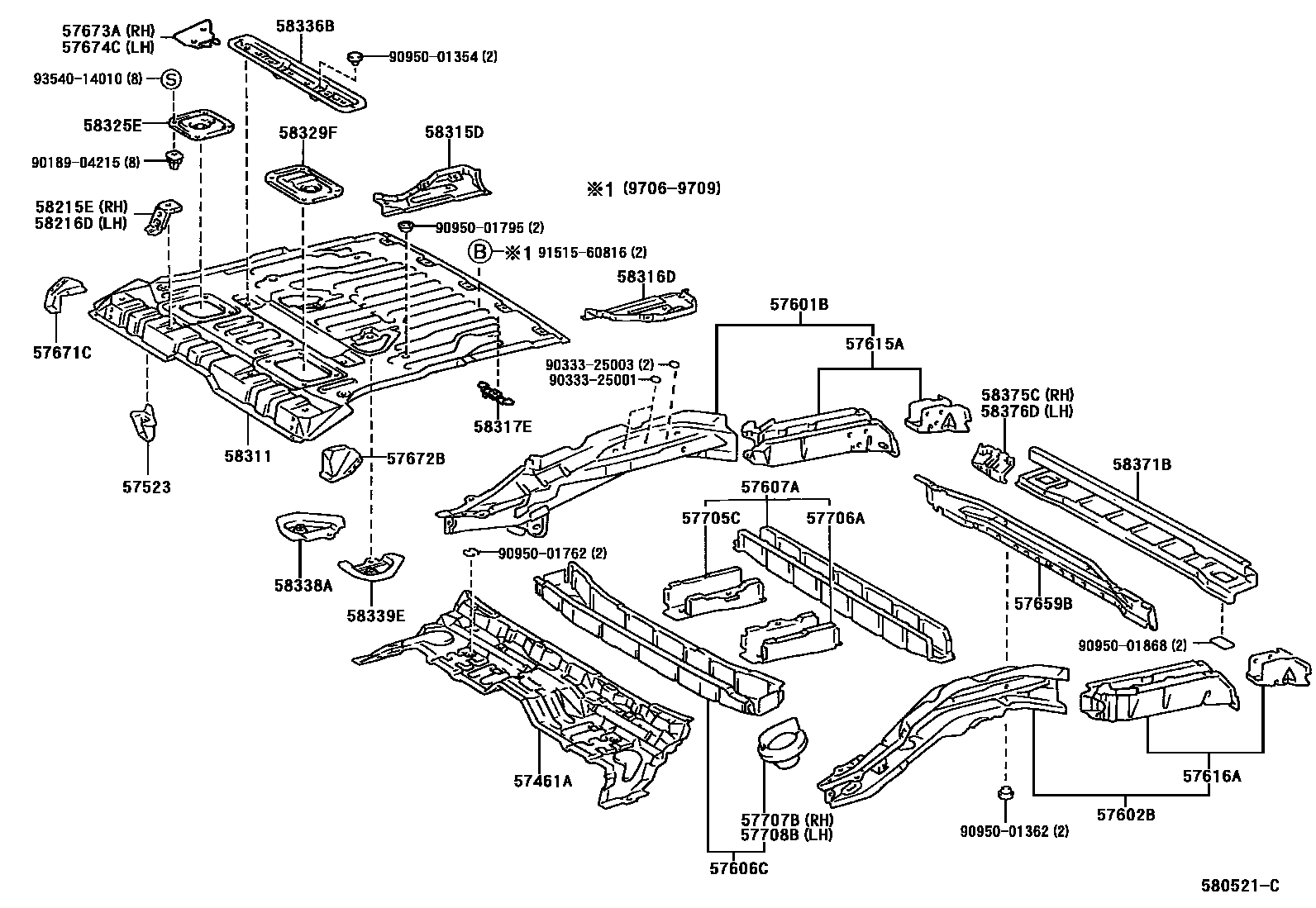 Toyota RAV4 后地板和后地板梁 EPC diagram — 580521C
