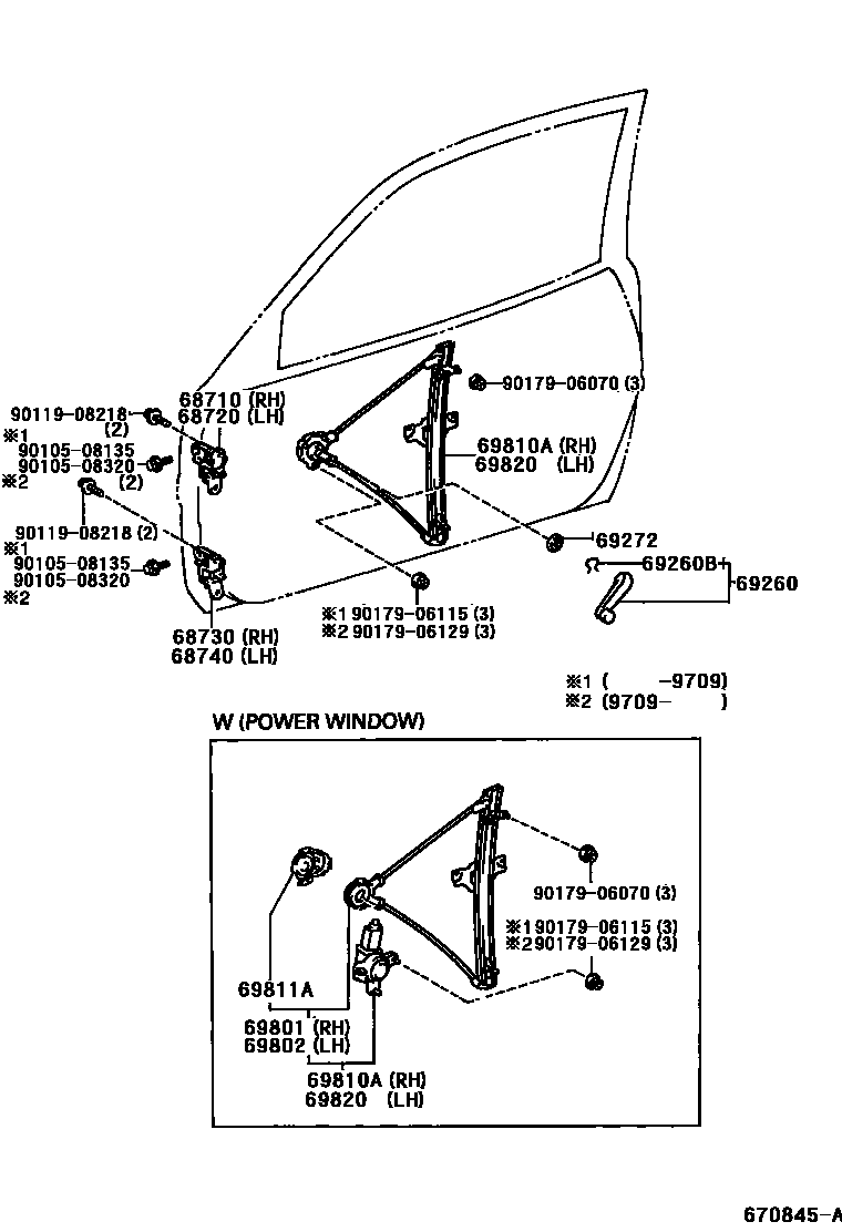 Toyota RAV4 前门车窗升降器和合页 EPC diagram — 670845A