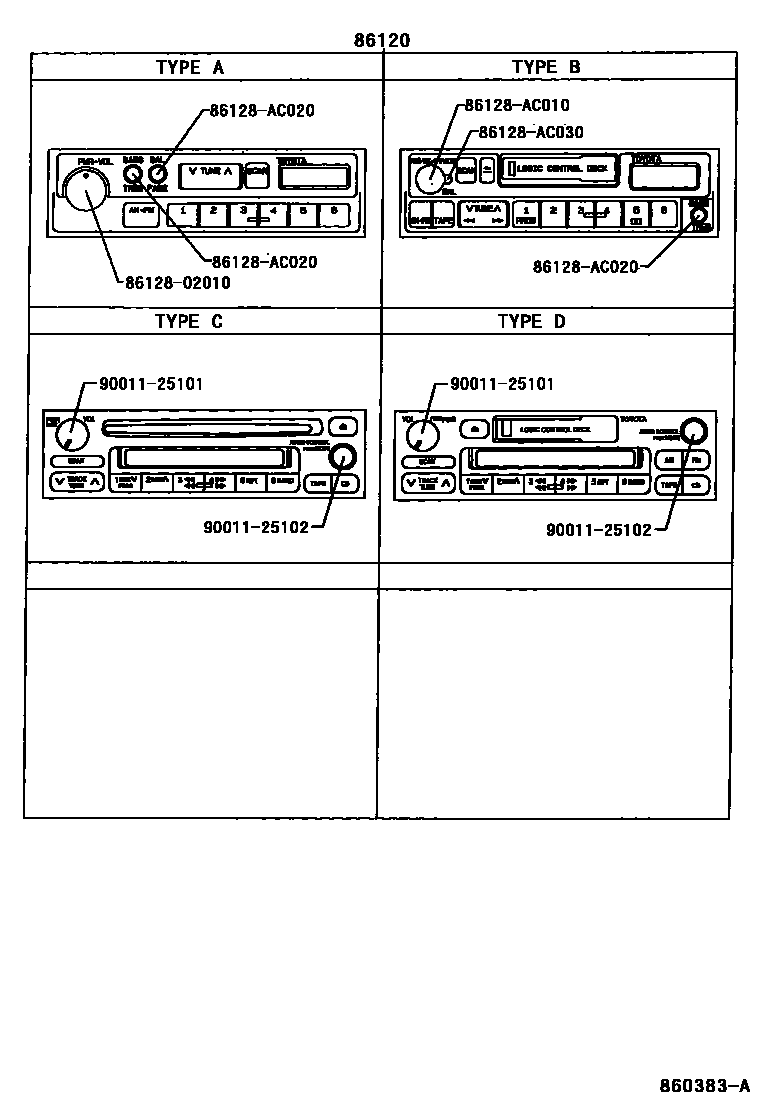 Toyota RAV4 收音机、放大器和冷凝器 EPC diagram — 860383A