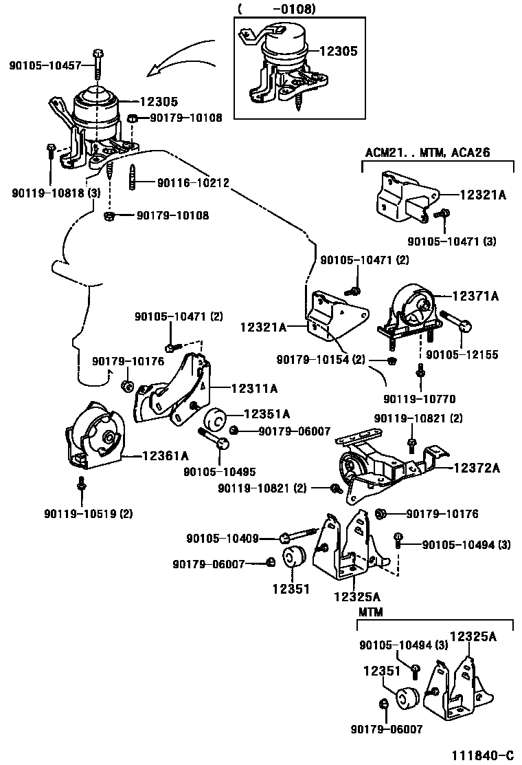 Toyota RAV4 Engine Mounting EPC diagram — 111840C