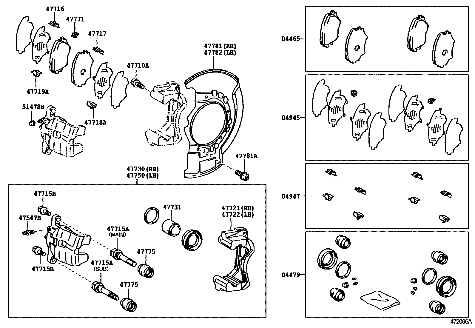 Toyota RAV4 前盘式制动器卡钳和防尘罩 EPC diagram — 472066A