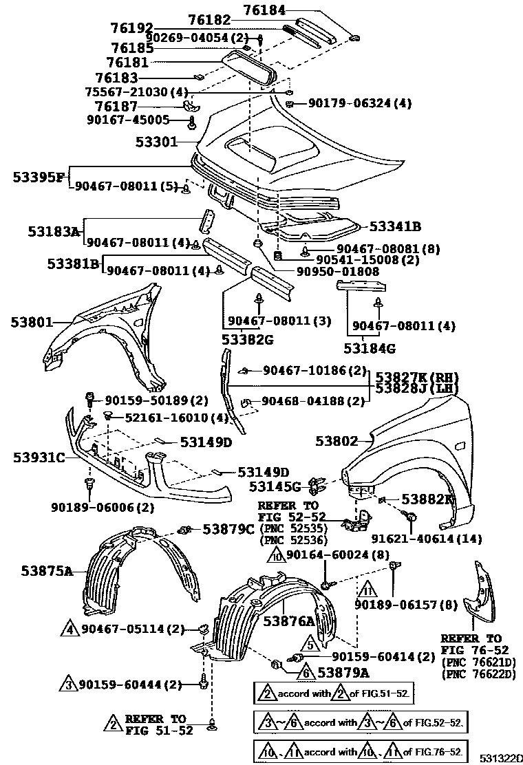 Toyota RAV4 发动机盖和前翼子板 EPC diagram — 531322D