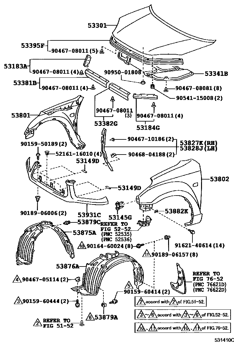 Toyota RAV4 发动机盖和前翼子板 EPC diagram — 531410C