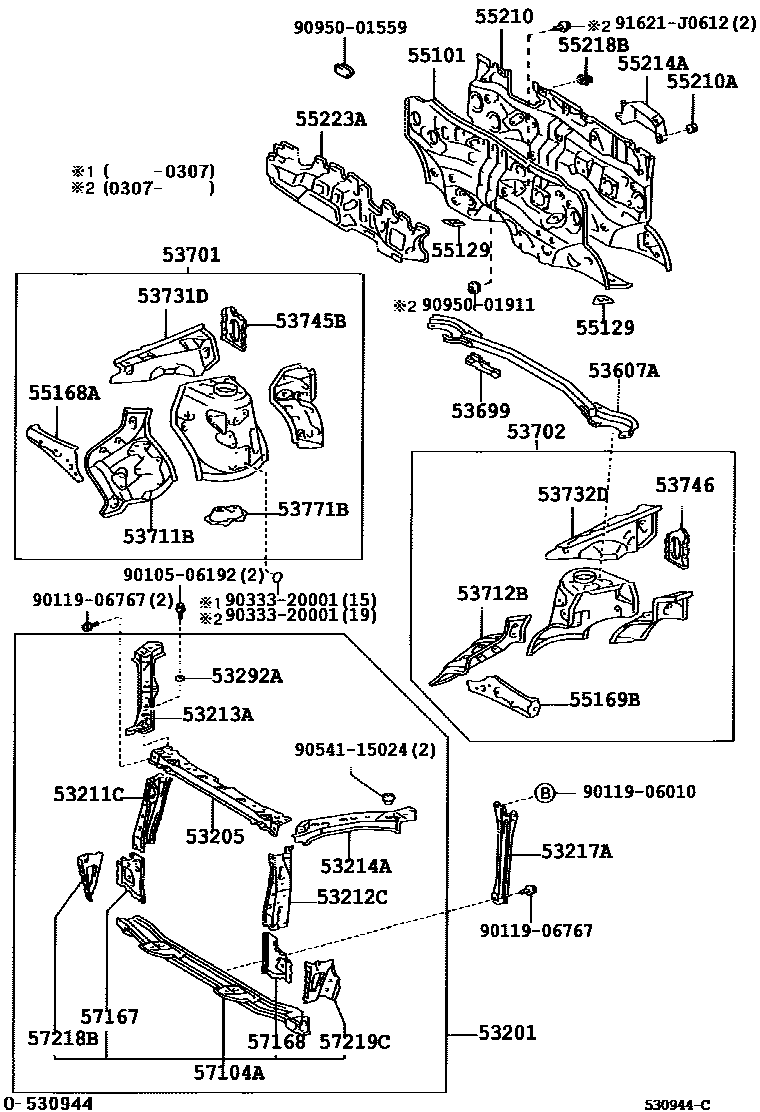 Toyota RAV4 前翼子板挡泥板和前围板 EPC diagram — 530944C