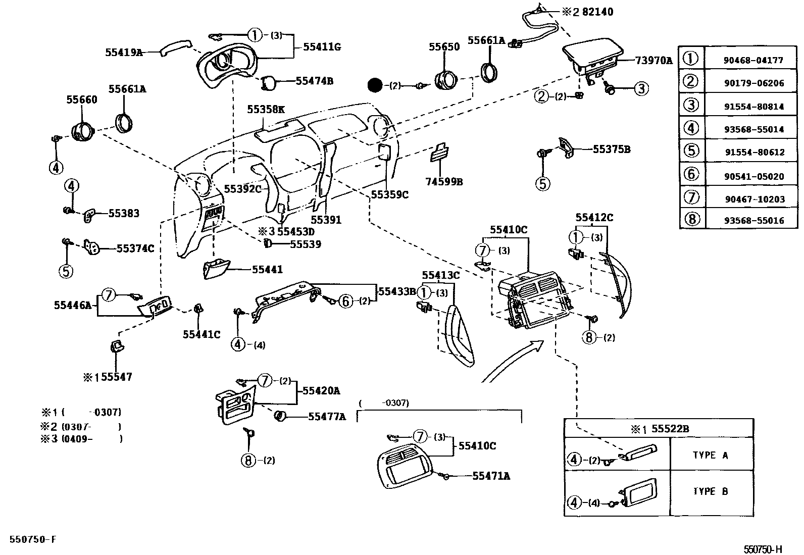Toyota RAV4 仪表板和手套箱 EPC diagram — 550750H