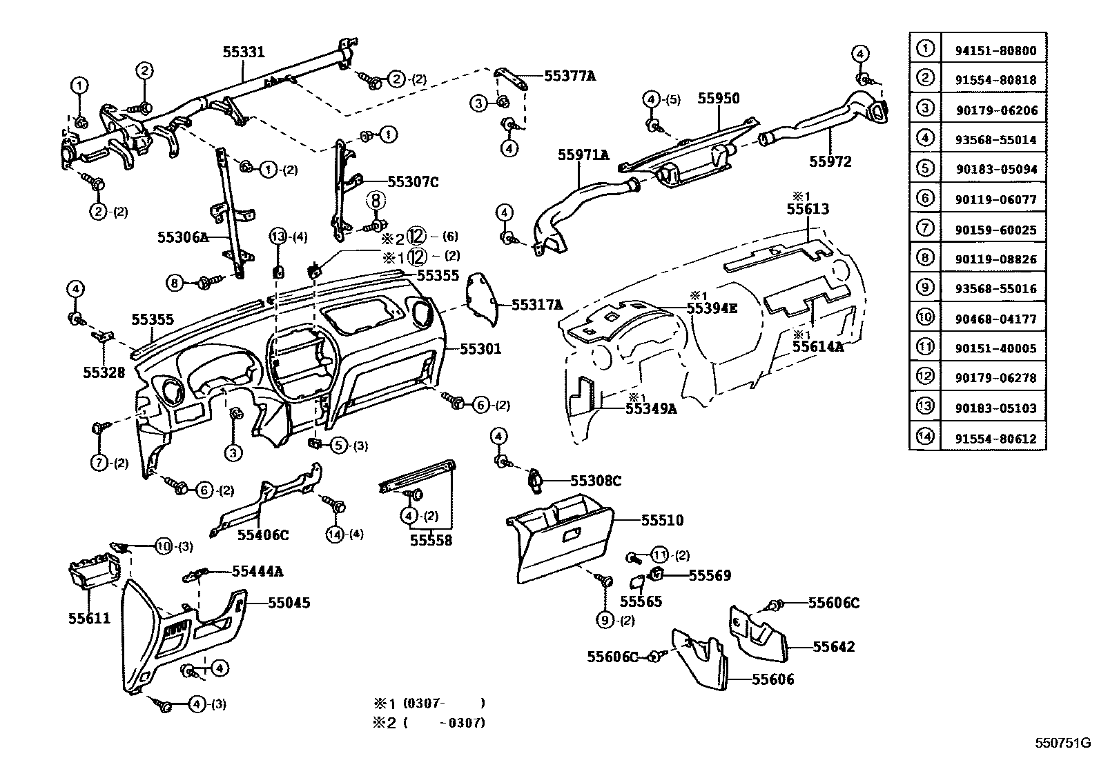Toyota RAV4 仪表板和手套箱 EPC diagram — 550751G