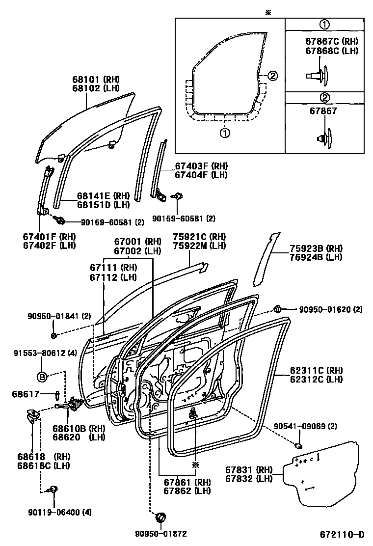Toyota RAV4 前门板和前门玻璃 EPC diagram — 672110D