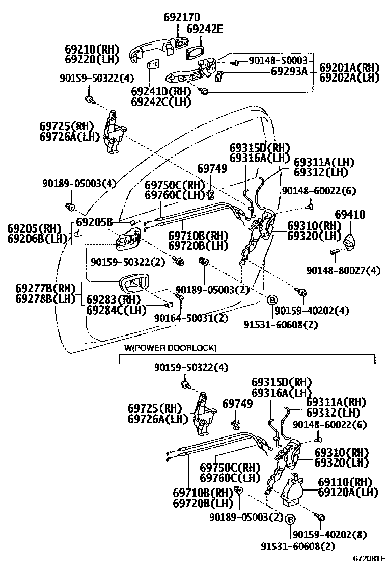 Toyota RAV4 前门锁和车门把手 EPC diagram — 672081F