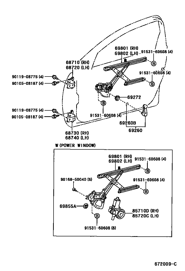 Toyota RAV4 前门车窗升降器和合页 EPC diagram — 672009C