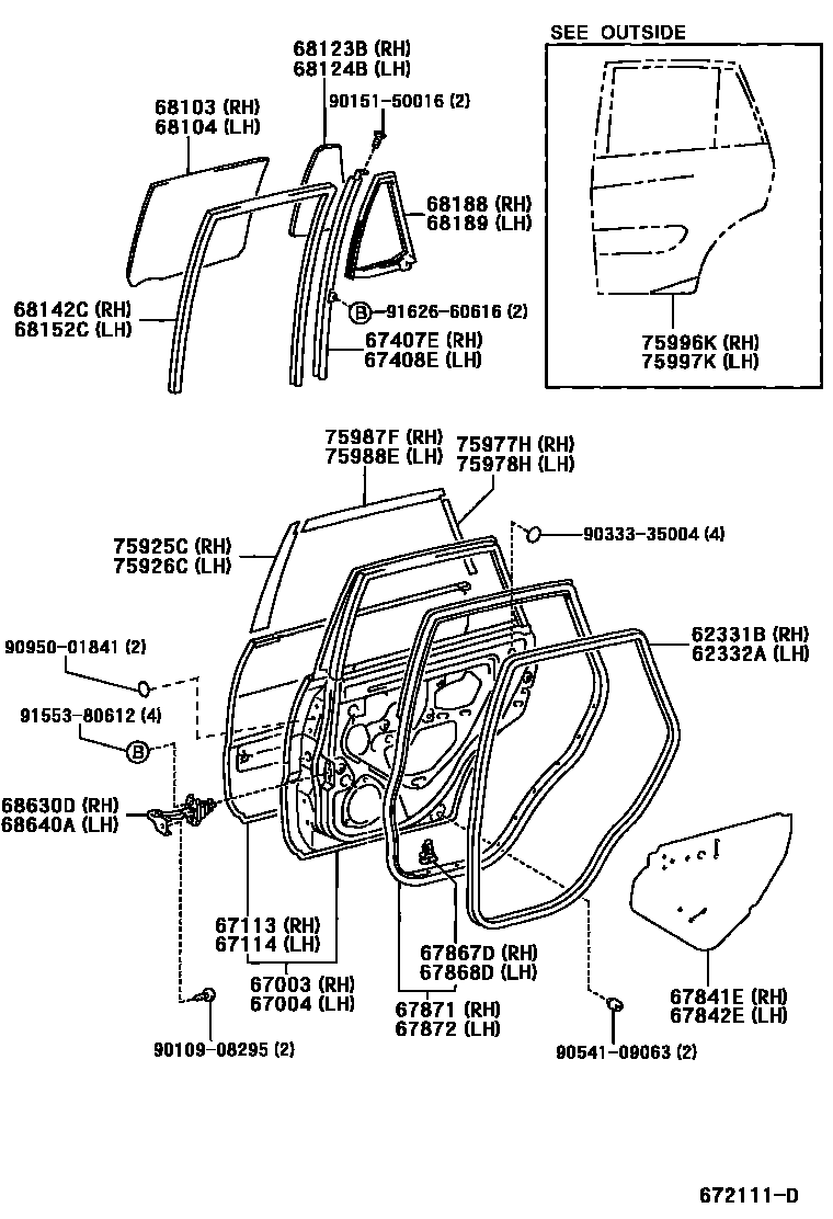 Toyota RAV4 后门板和后门玻璃 EPC diagram — 672111D
