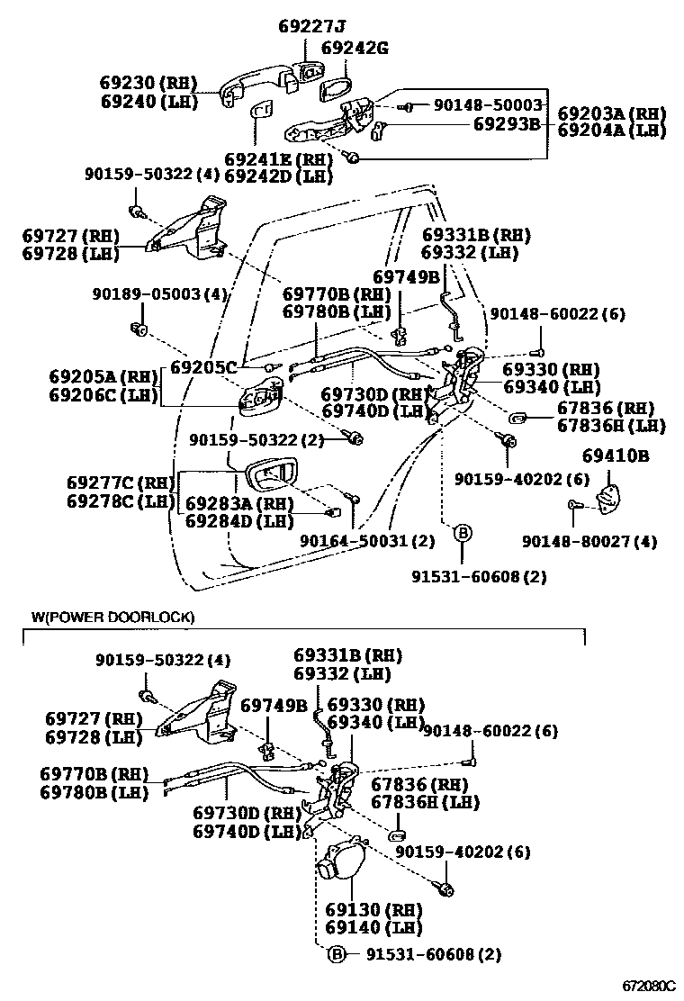 Toyota RAV4 后门锁和后门把手 EPC diagram — 672080C