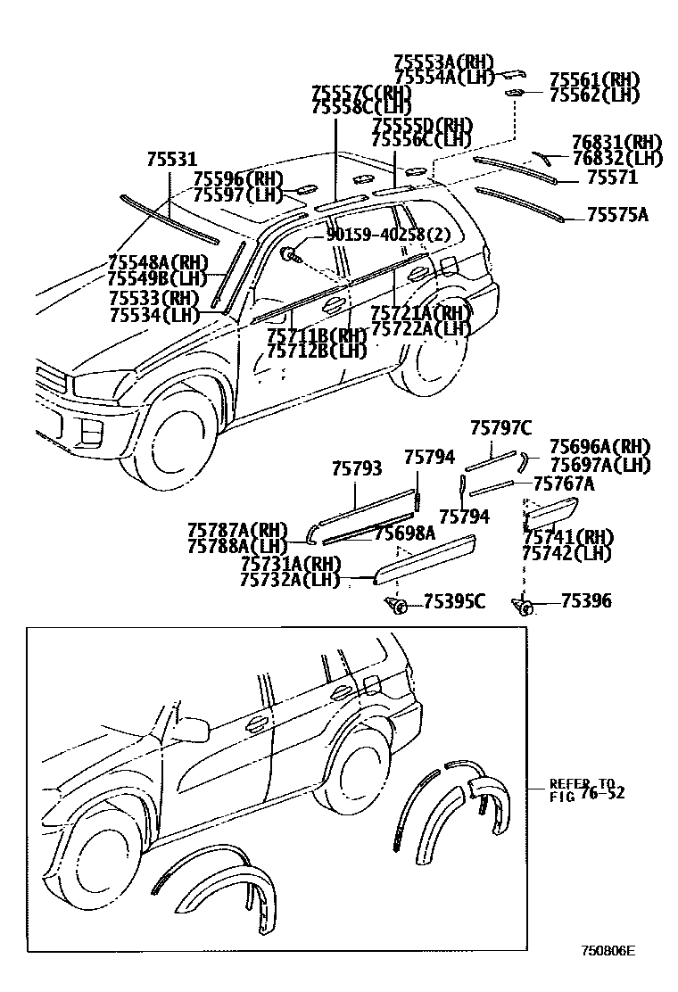 Toyota RAV4 防护条 EPC diagram — 750806E