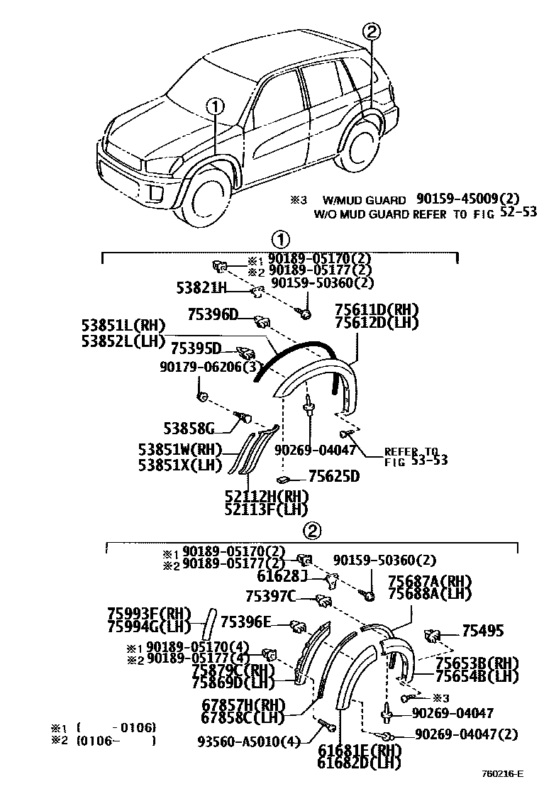 Toyota RAV4 扰流板和侧挡泥板 EPC diagram — 760216E
