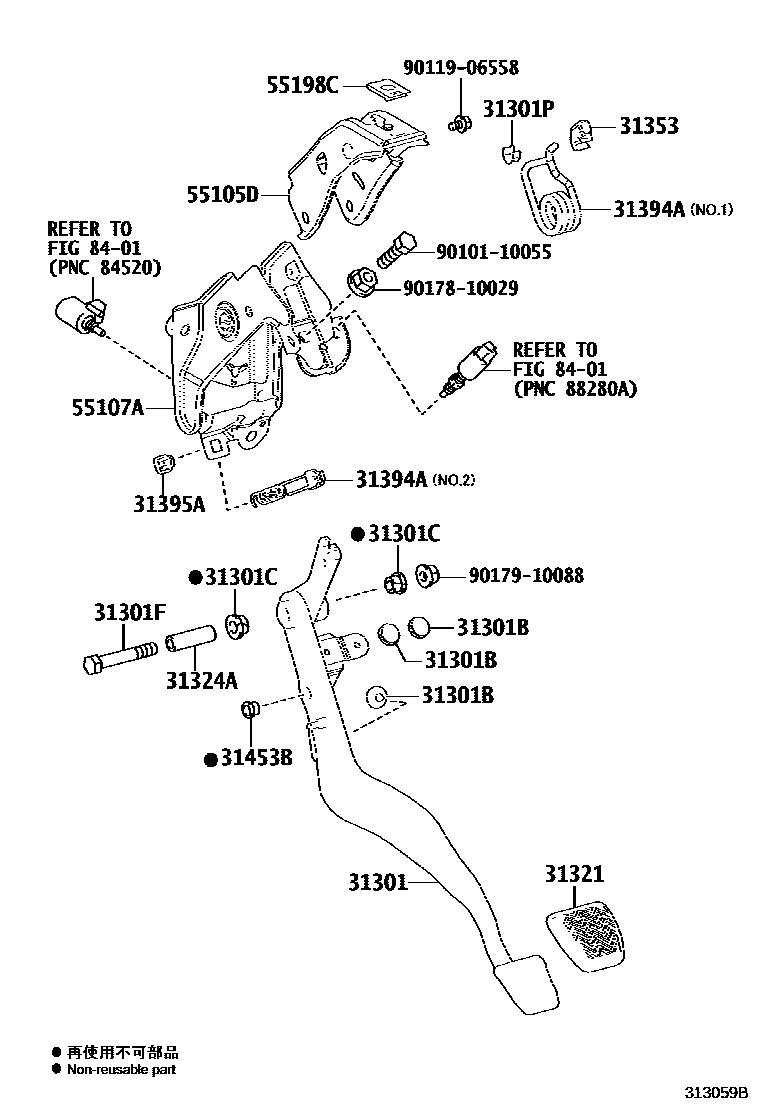 Toyota RAV4 离合器踏板和挠性软管 EPC diagram — 313059B