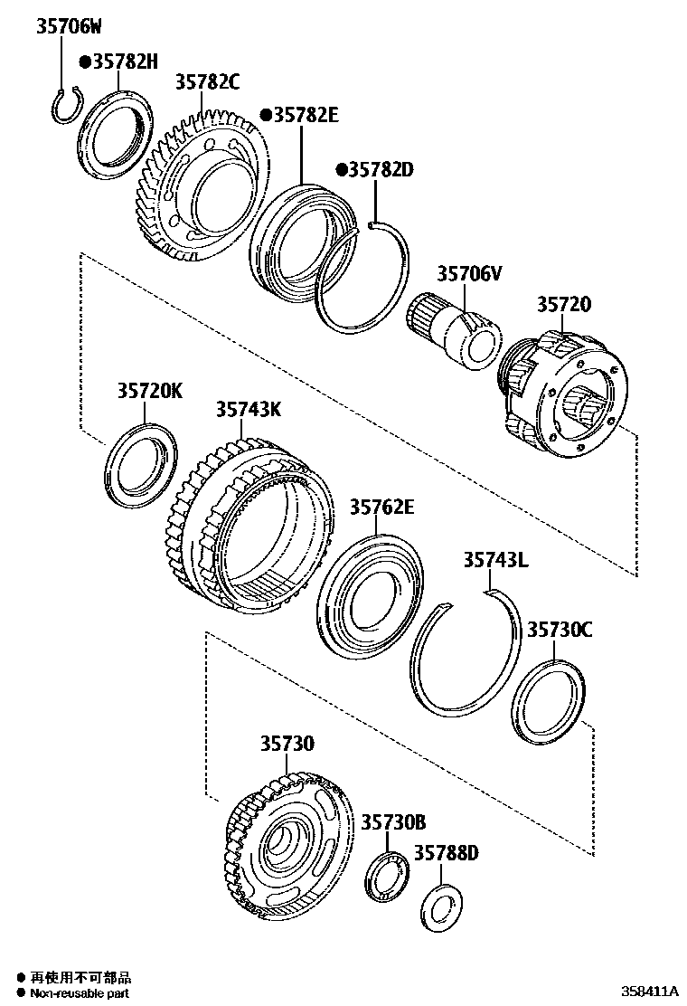 Toyota RAV4 行星齿轮、倒档活塞和中间轴齿轮(ATM) EPC diagram — 358411A