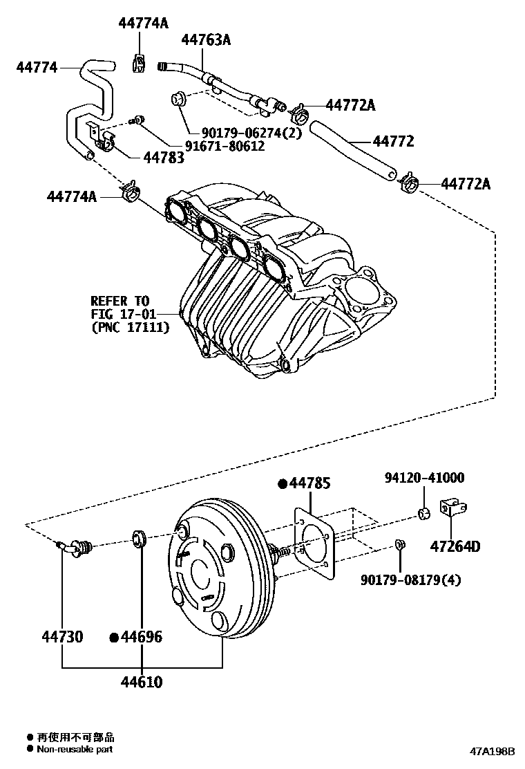 Toyota RAV4 制动助力器和真空管 EPC diagram — 47A198B