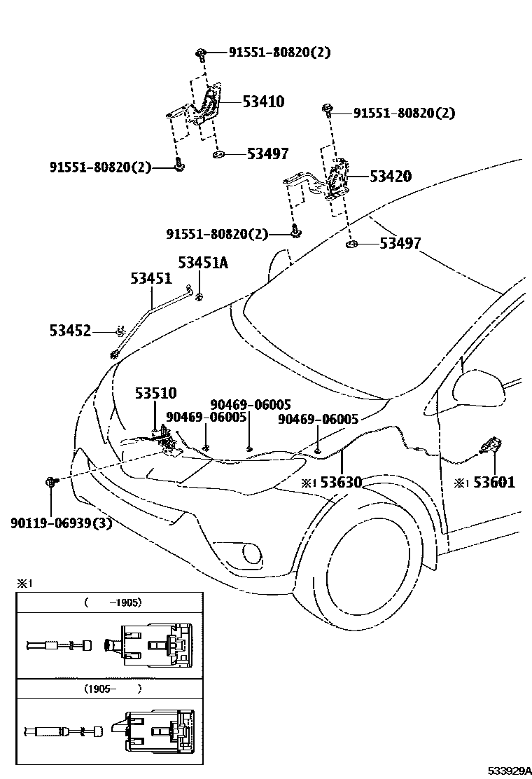 Toyota RAV4 发动机盖锁和铰链 EPC diagram — 533929A