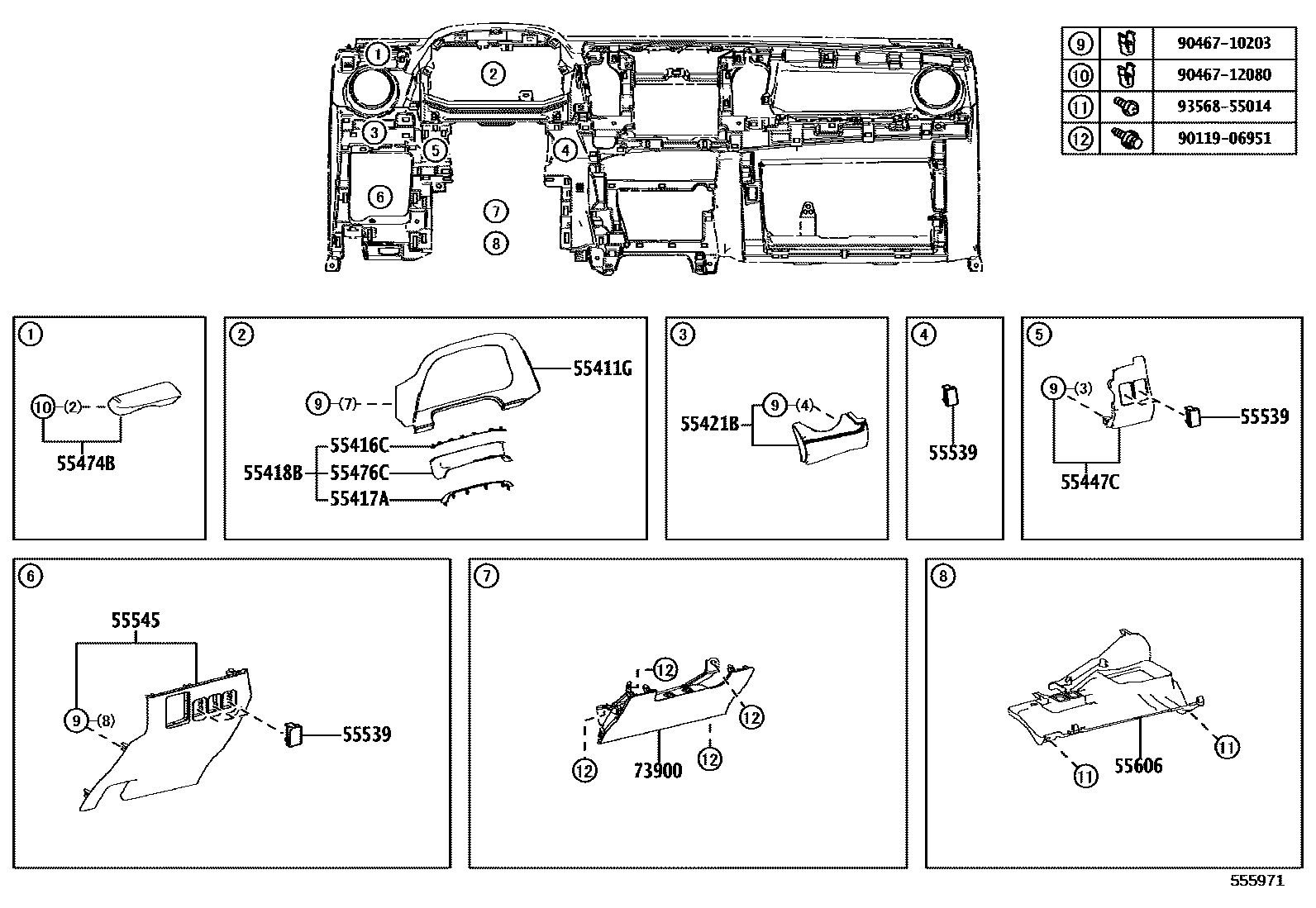 Toyota RAV4 仪表板和手套箱 EPC diagram — 555971