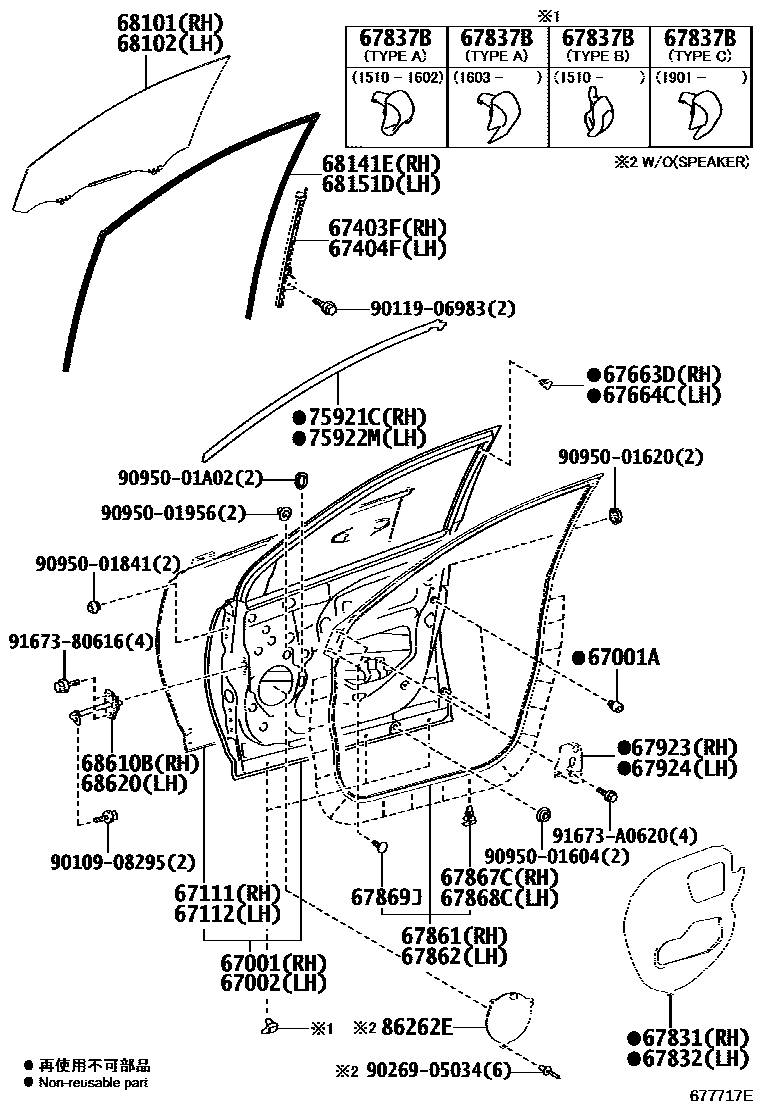 Toyota RAV4 前门板和前门玻璃 EPC diagram — 677717E