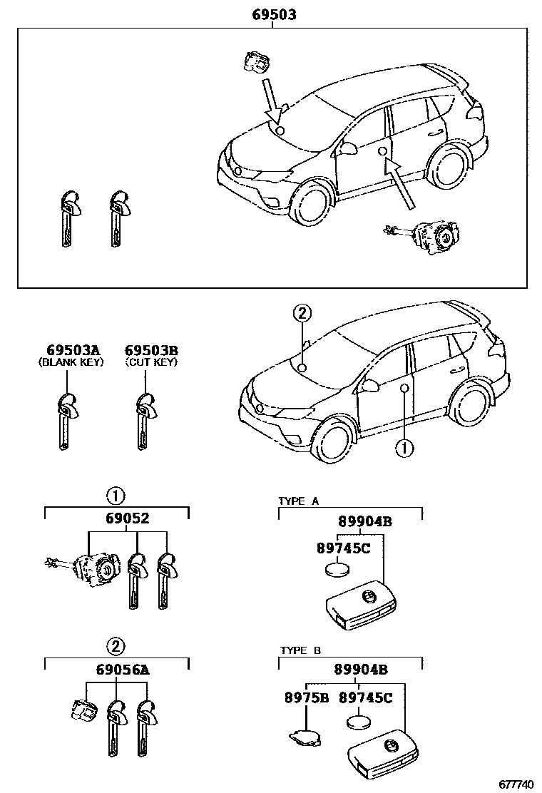 Toyota RAV4 锁芯组件 EPC diagram — 677740