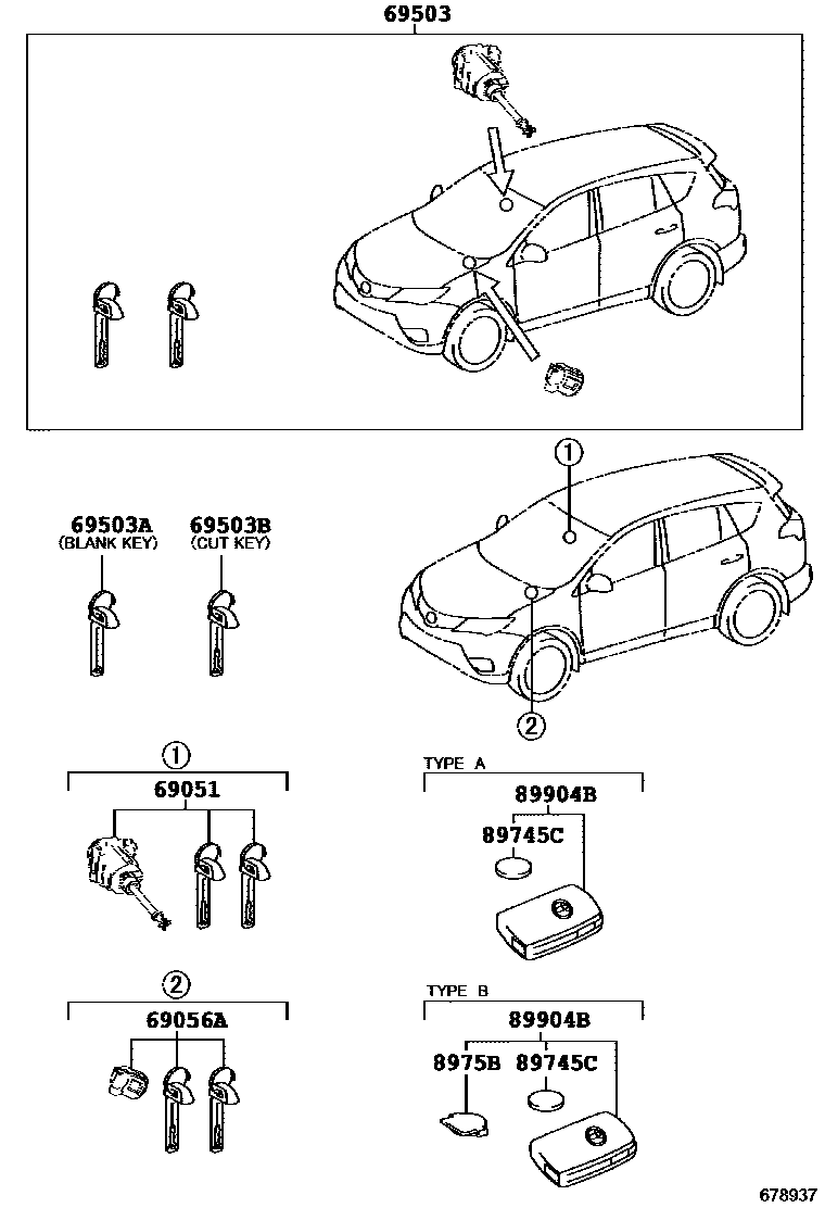 Toyota RAV4 锁芯组件 EPC diagram — 678937