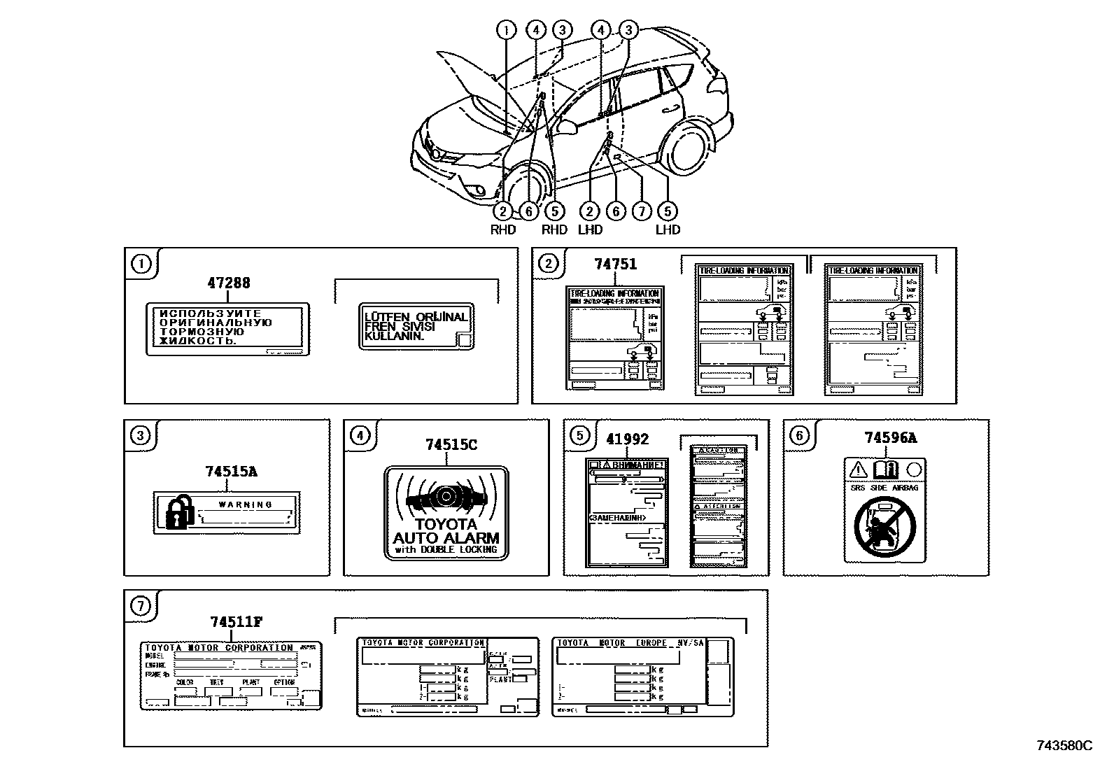 Toyota RAV4 warning nameplate EPC diagram — 743580C