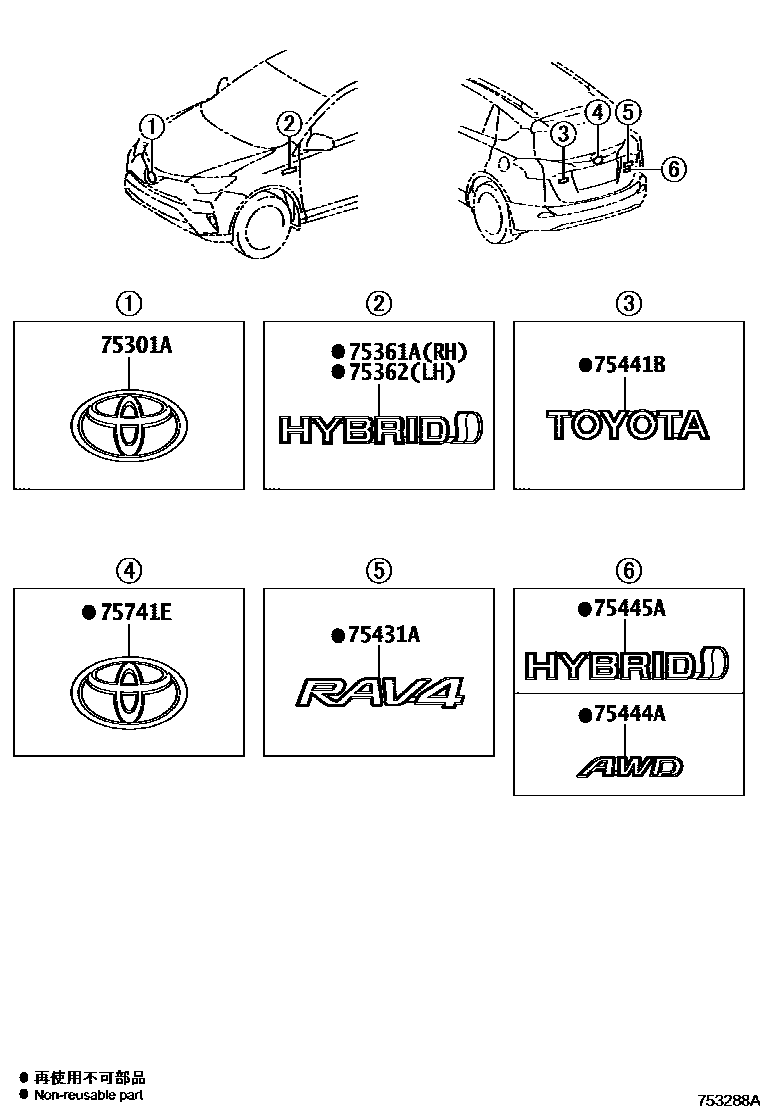 Toyota RAV4 徽标和铭牌 EPC diagram — 753288A