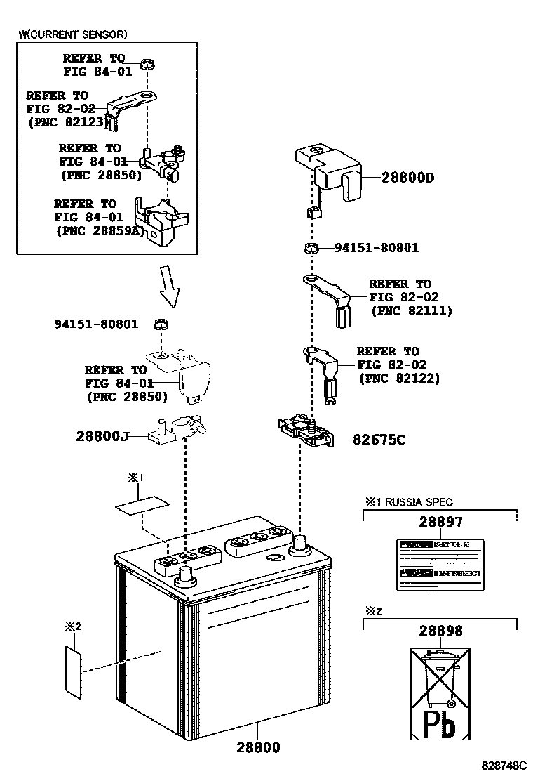 Toyota RAV4 蓄电池和蓄电池电缆 EPC diagram — 828748C
