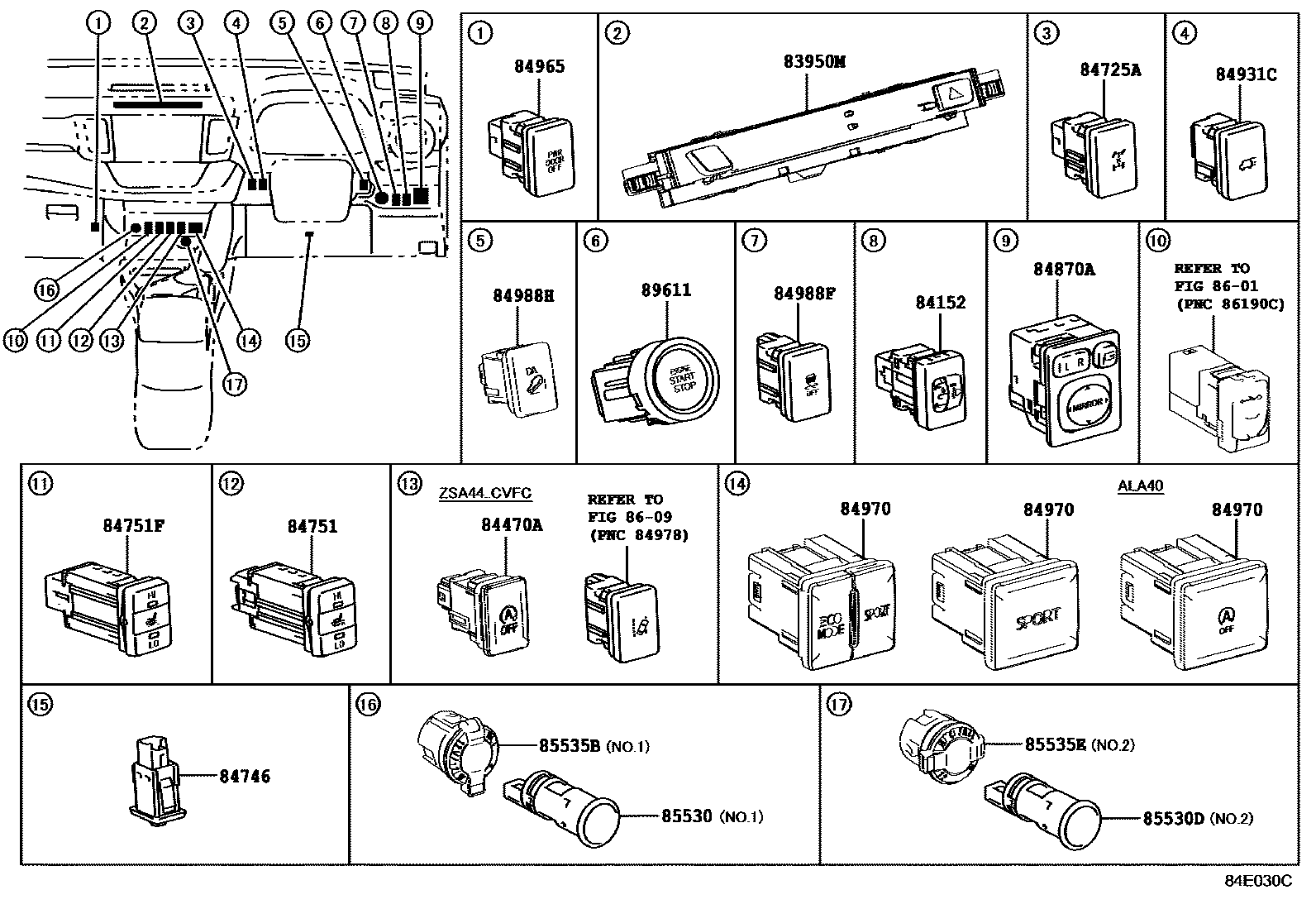 Toyota RAV4 开关和继电器和ECU EPC diagram — 84E030C