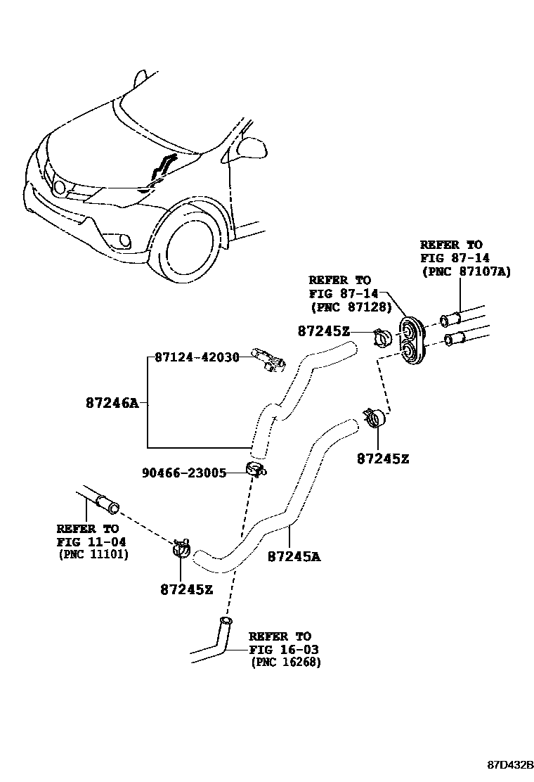 Toyota RAV4 暖风和空调系统 - 水管 EPC diagram — 87D432B