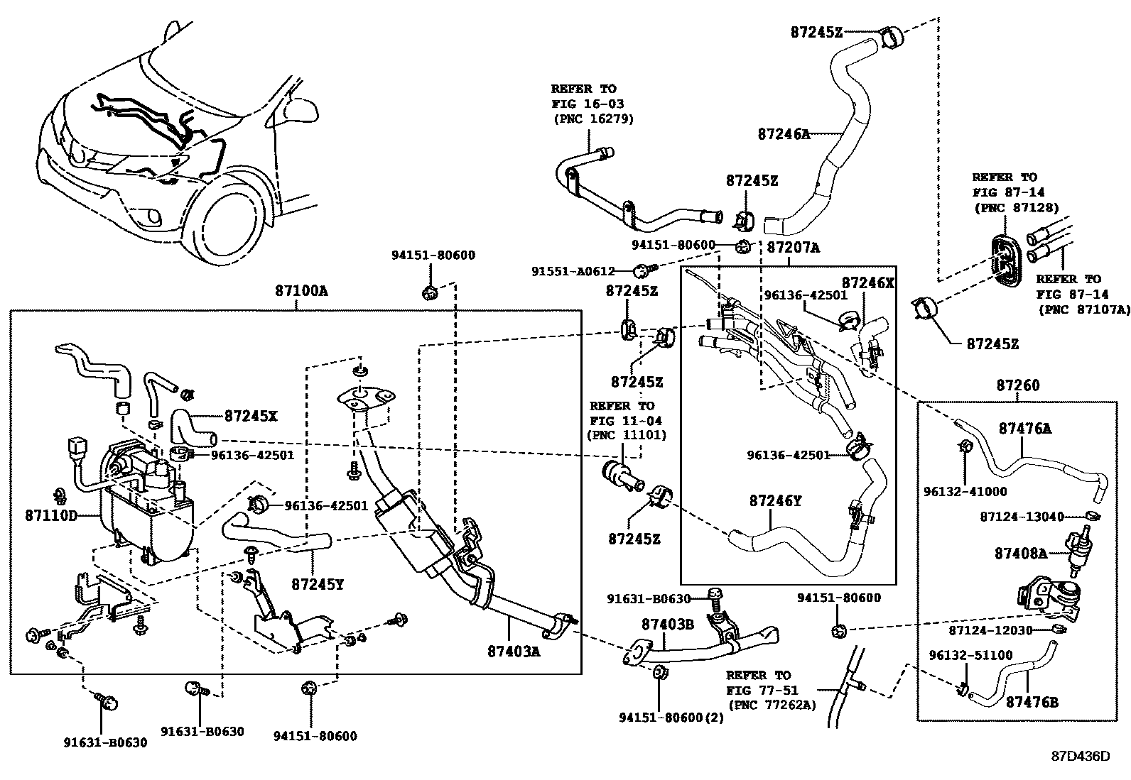 Toyota RAV4 暖风和空调系统 - 水管 EPC diagram — 87D436D