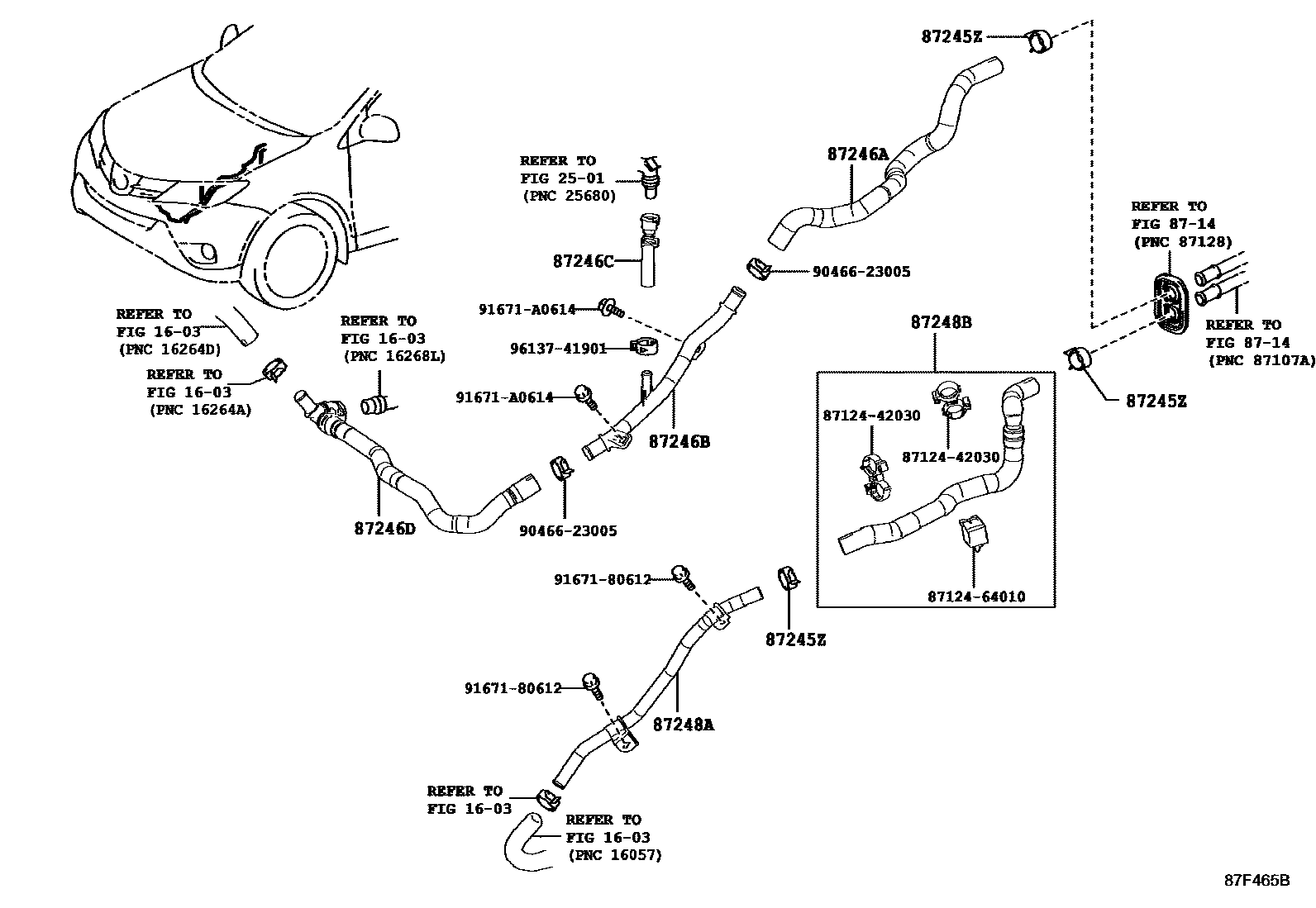 Toyota RAV4 暖风和空调系统 - 水管 EPC diagram — 87F465B
