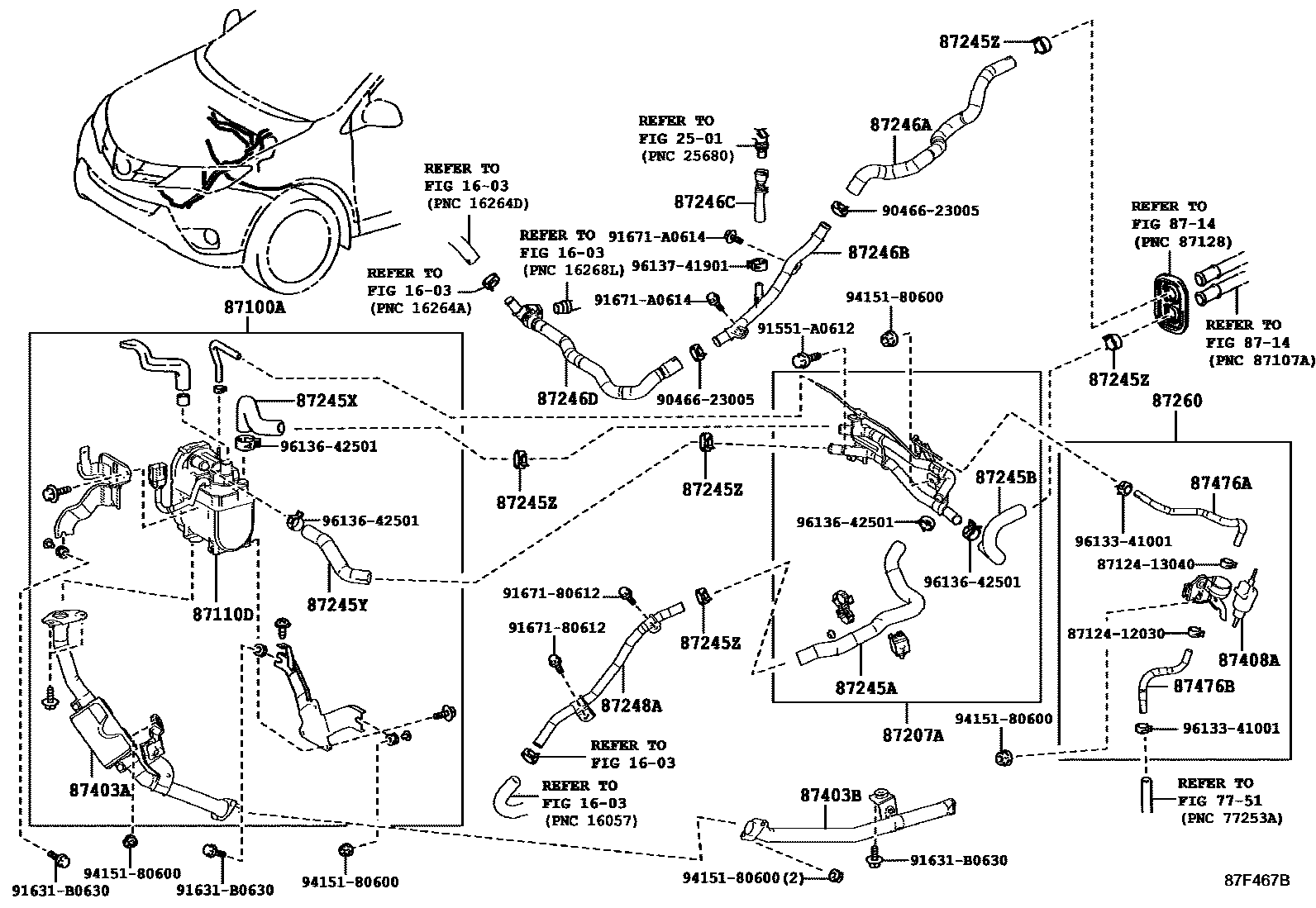 Toyota RAV4 暖风和空调系统 - 水管 EPC diagram — 87F467B