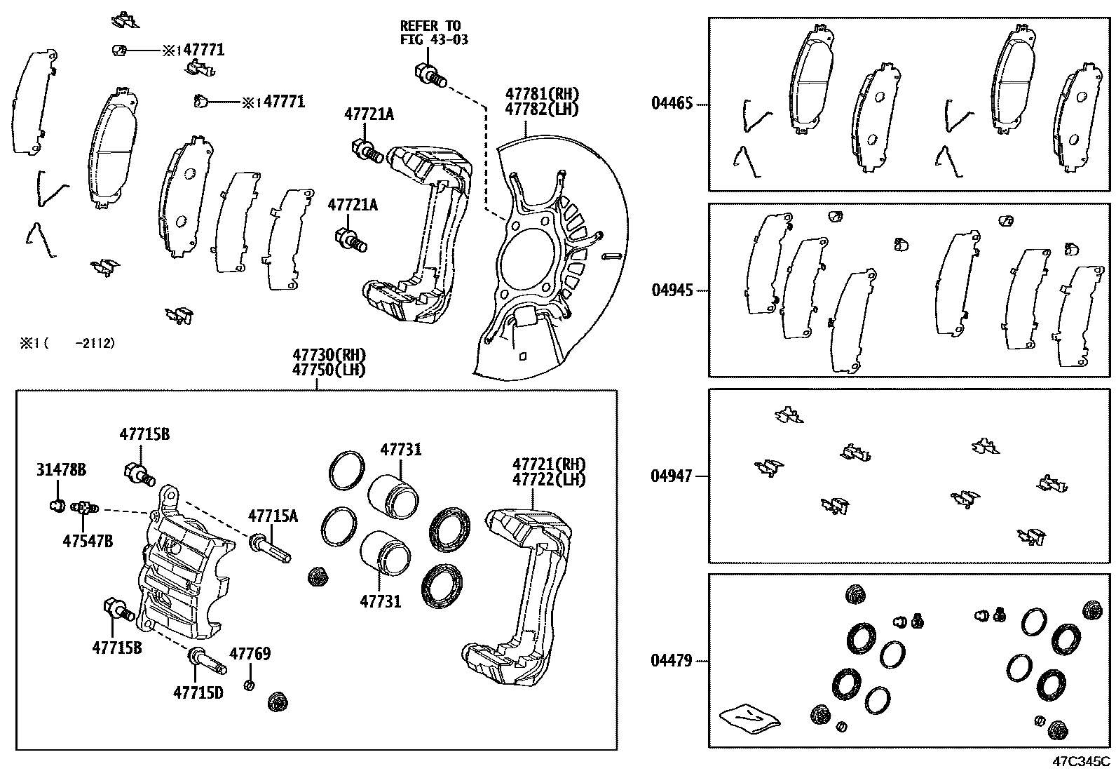 Toyota RAV4 前盘式制动器卡钳和防尘罩 EPC diagram — 47C345C