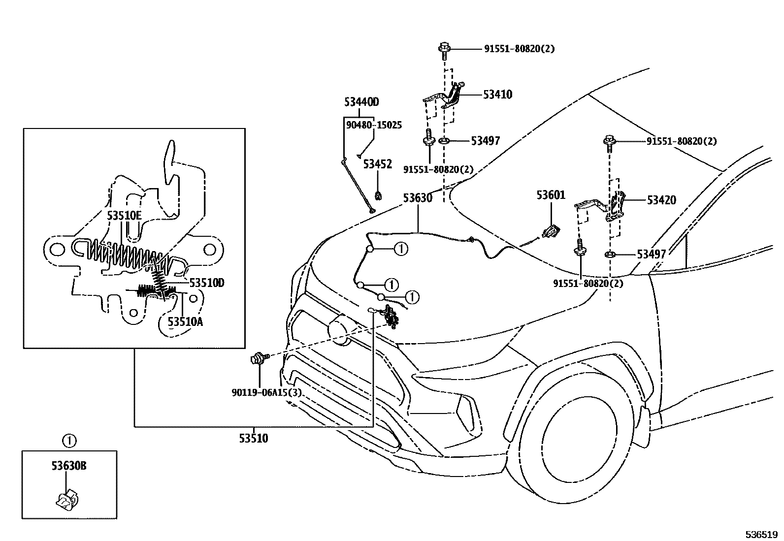 Toyota RAV4 发动机盖锁和铰链 EPC diagram — 536519