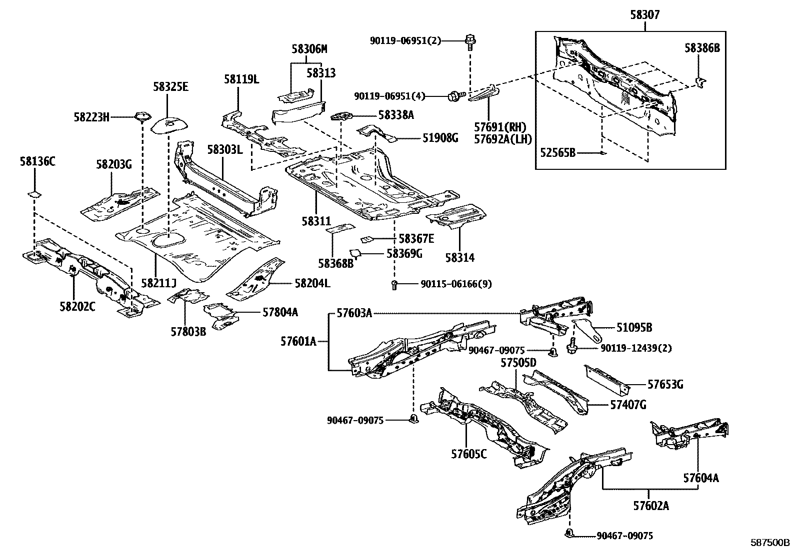 Toyota RAV4 后地板和后地板梁 EPC diagram — 587500B