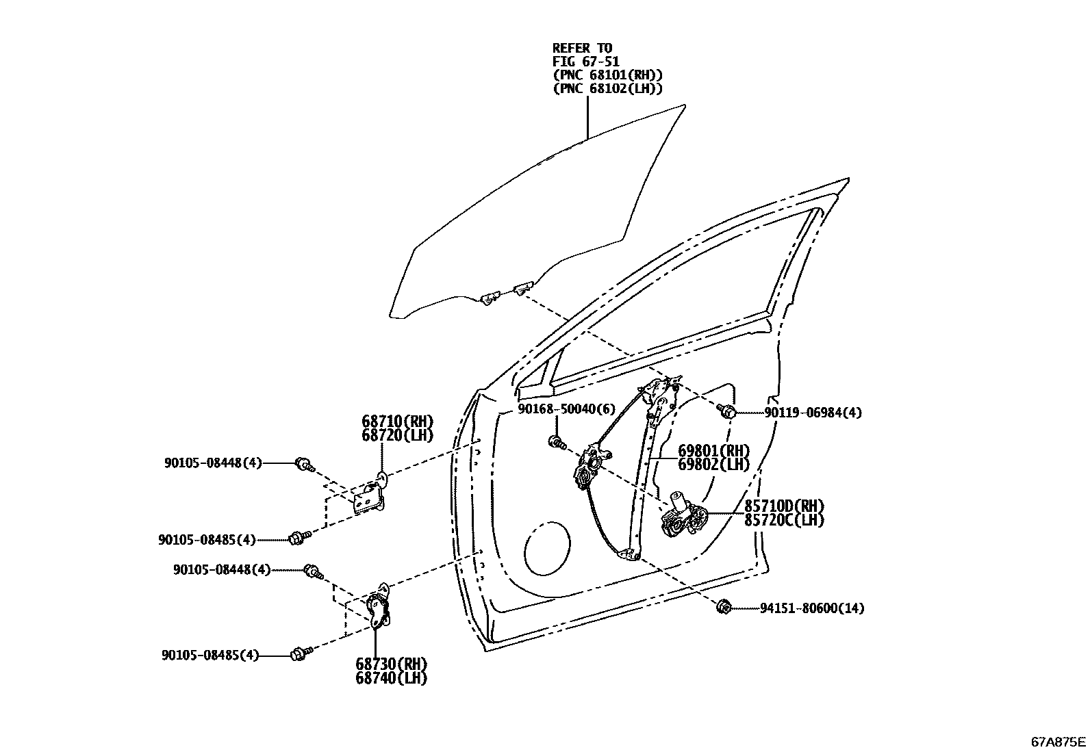 Toyota RAV4 前门车窗升降器和合页 EPC diagram — 67A875E