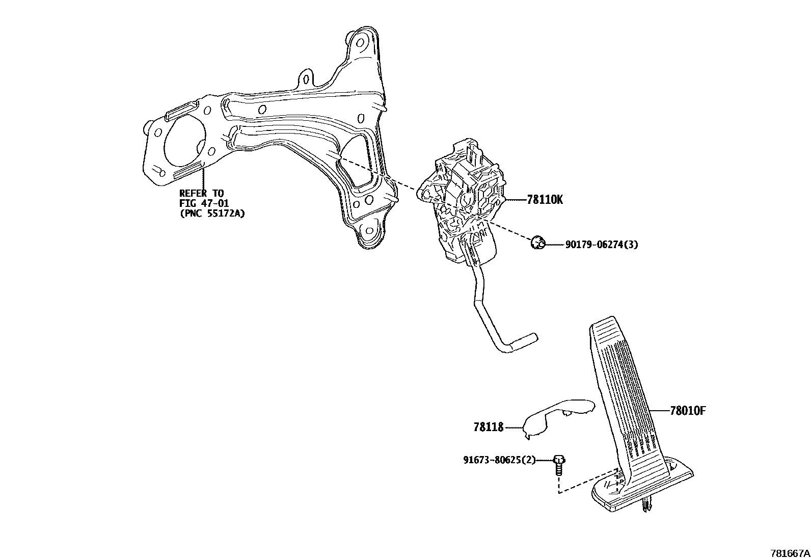Toyota RAV4 accelerator pedal connecting rod EPC diagram — 781667A