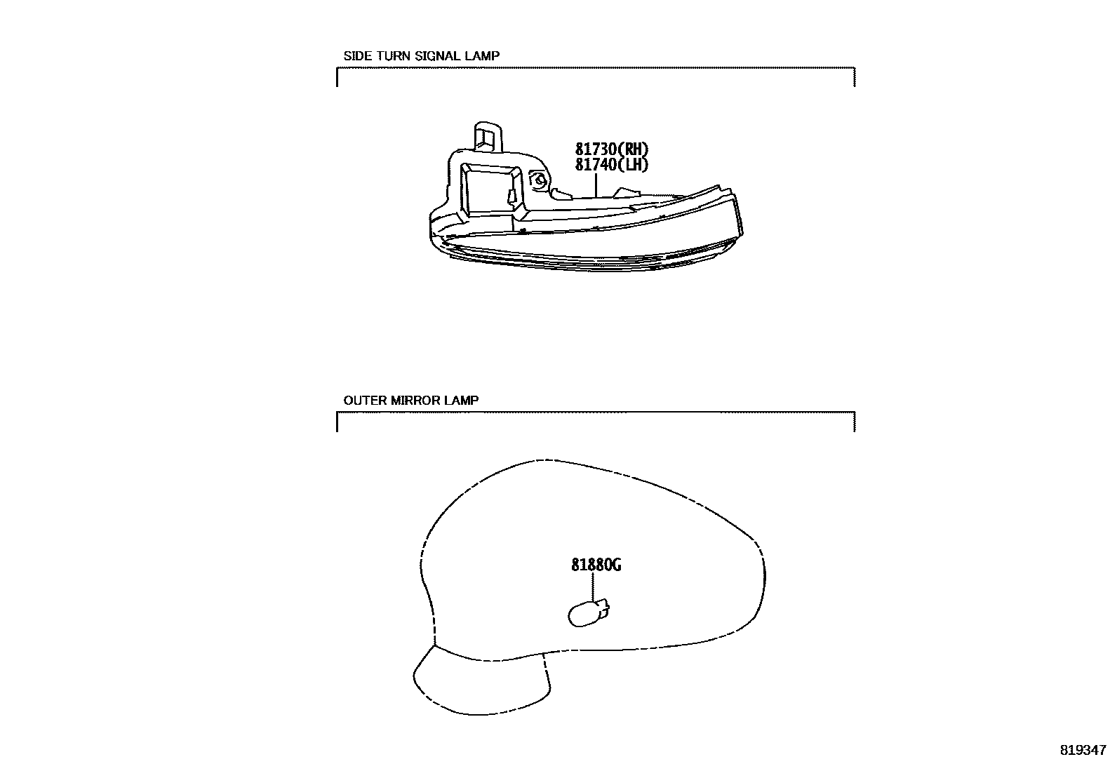 Toyota RAV4 Side Turn Signal & Outer Mirror Lamp EPC diagram — 819347
