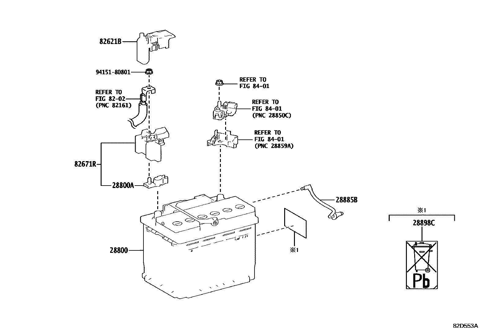 Toyota RAV4 蓄电池和蓄电池电缆 EPC diagram — 82D553A