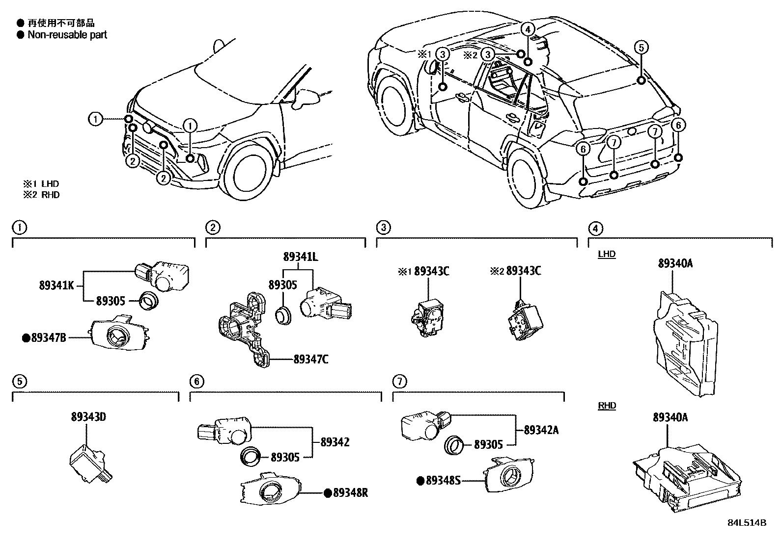 Toyota RAV4 测距雷达和倒车雷达 EPC diagram — 84L514B