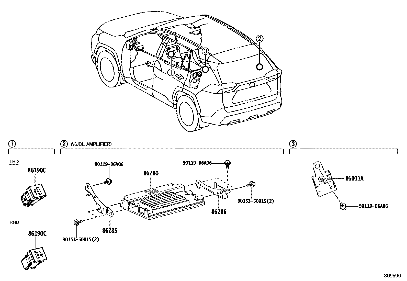 Toyota RAV4 收音机、放大器和冷凝器 EPC diagram — 869596