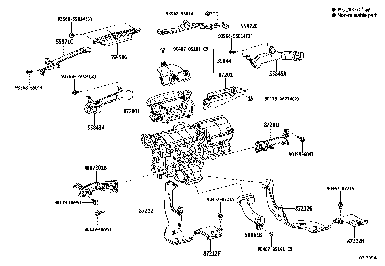Toyota RAV4 暖风和空调系统 - 控制器和风管 EPC diagram — 87I785A