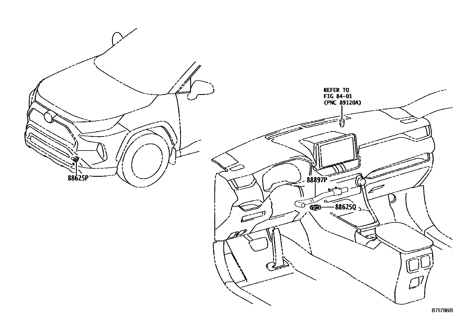 Toyota RAV4 暖风和空调系统 - 控制器和风管 EPC diagram — 87I786B