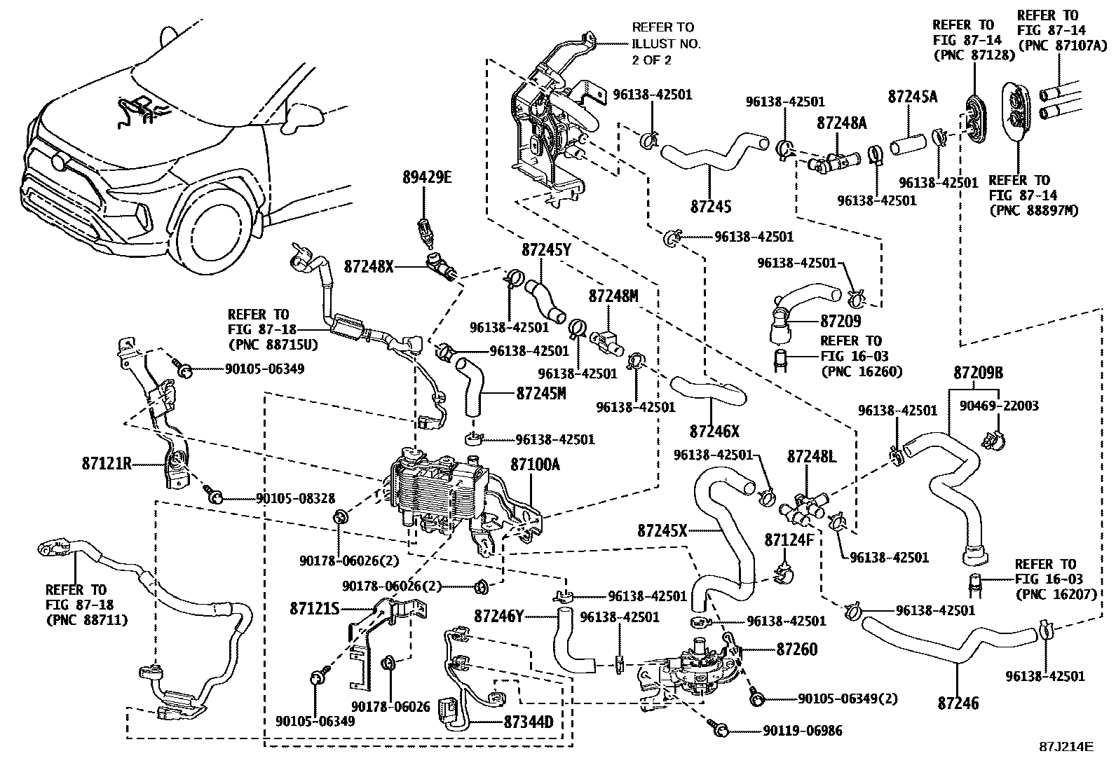 Toyota RAV4 暖风和空调系统 - 水管 EPC diagram — 87J214E