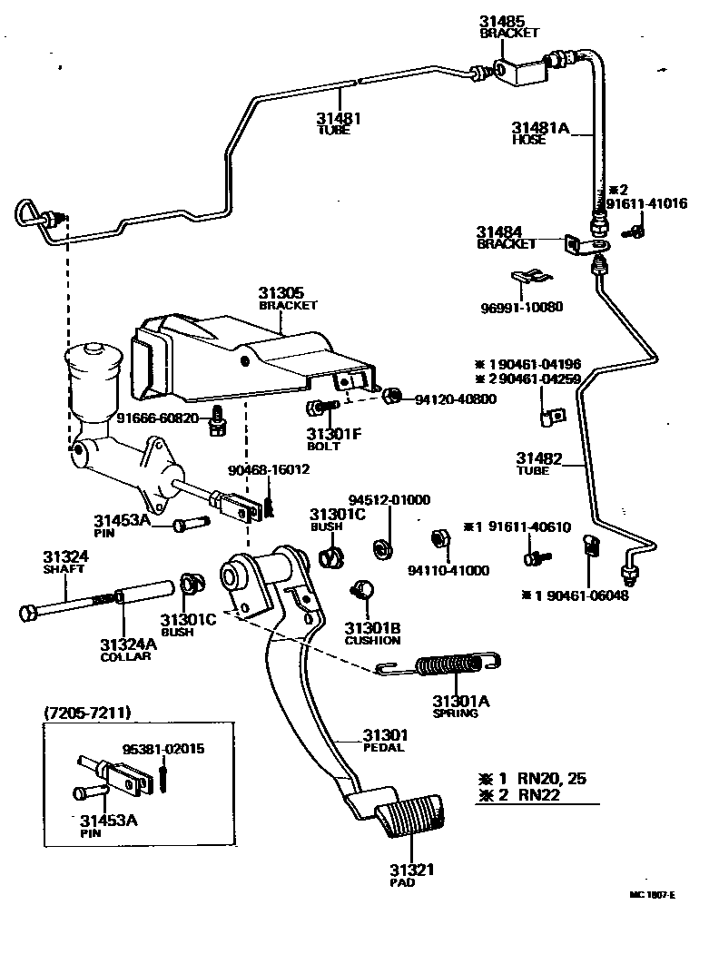 Toyota HILUX 离合器踏板和挠性软管 EPC diagram — MC1807E