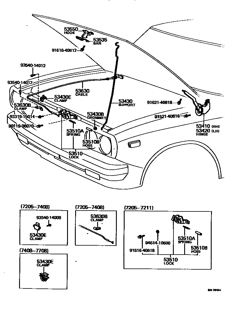 Toyota HILUX 发动机盖锁和铰链 EPC diagram — MB2610I
